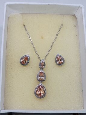 Teardrop Wedding Jewelry Set Morganite Silver Necklace Y Drop Pendant Earrings